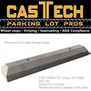 CasTech manufactures and sells premium quality concrete wheel stops. Constructed of high-quality reinforced concrete, our products are made to last. With an unmatched production capacity of over 2500 per month, we can meet your wholesale needs. Contact us to let us quote you on our concrete wheel stops.