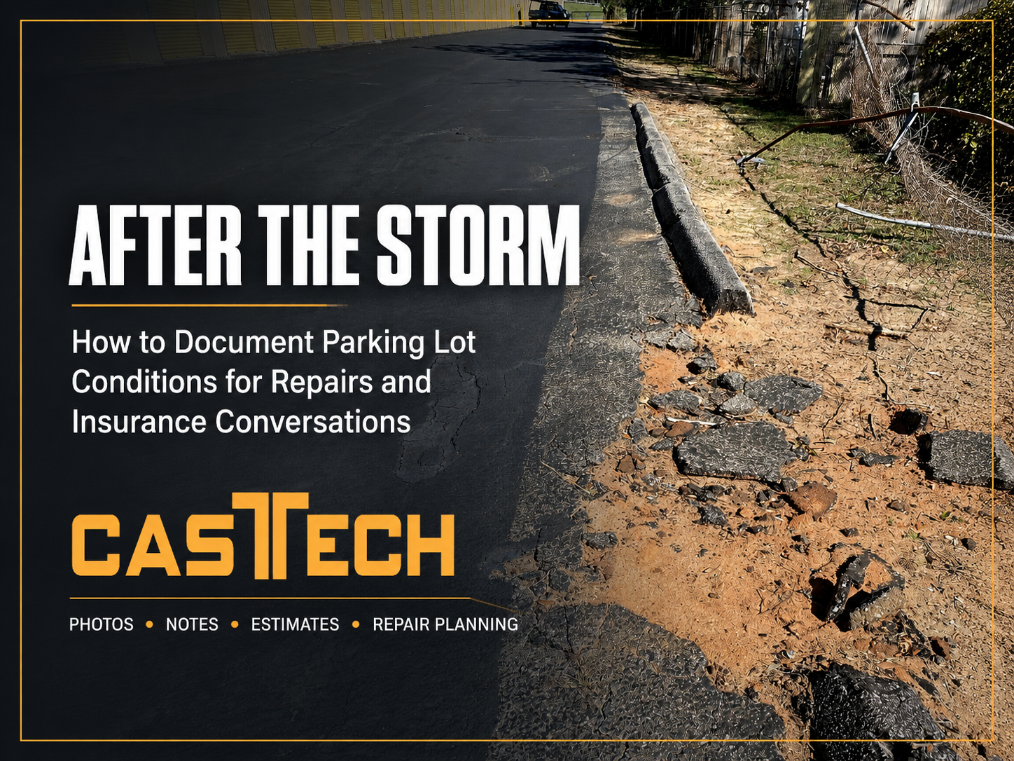 Storm-damaged parking lot with cracked asphalt, standing water, faded striping and debris