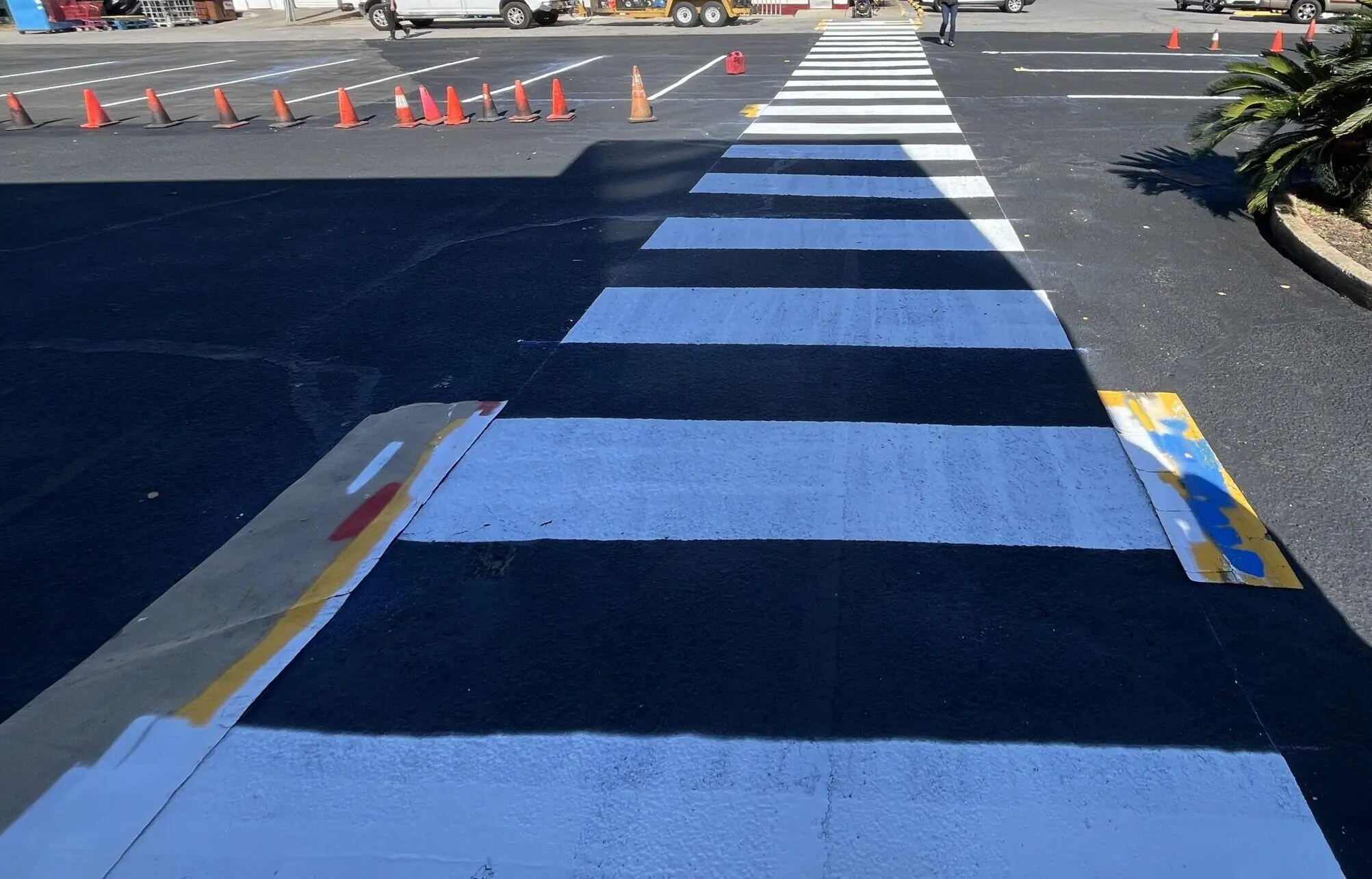 Freshly striped parking lot with crisp white and yellow stall, aisle, and handicap markings after sealcoating